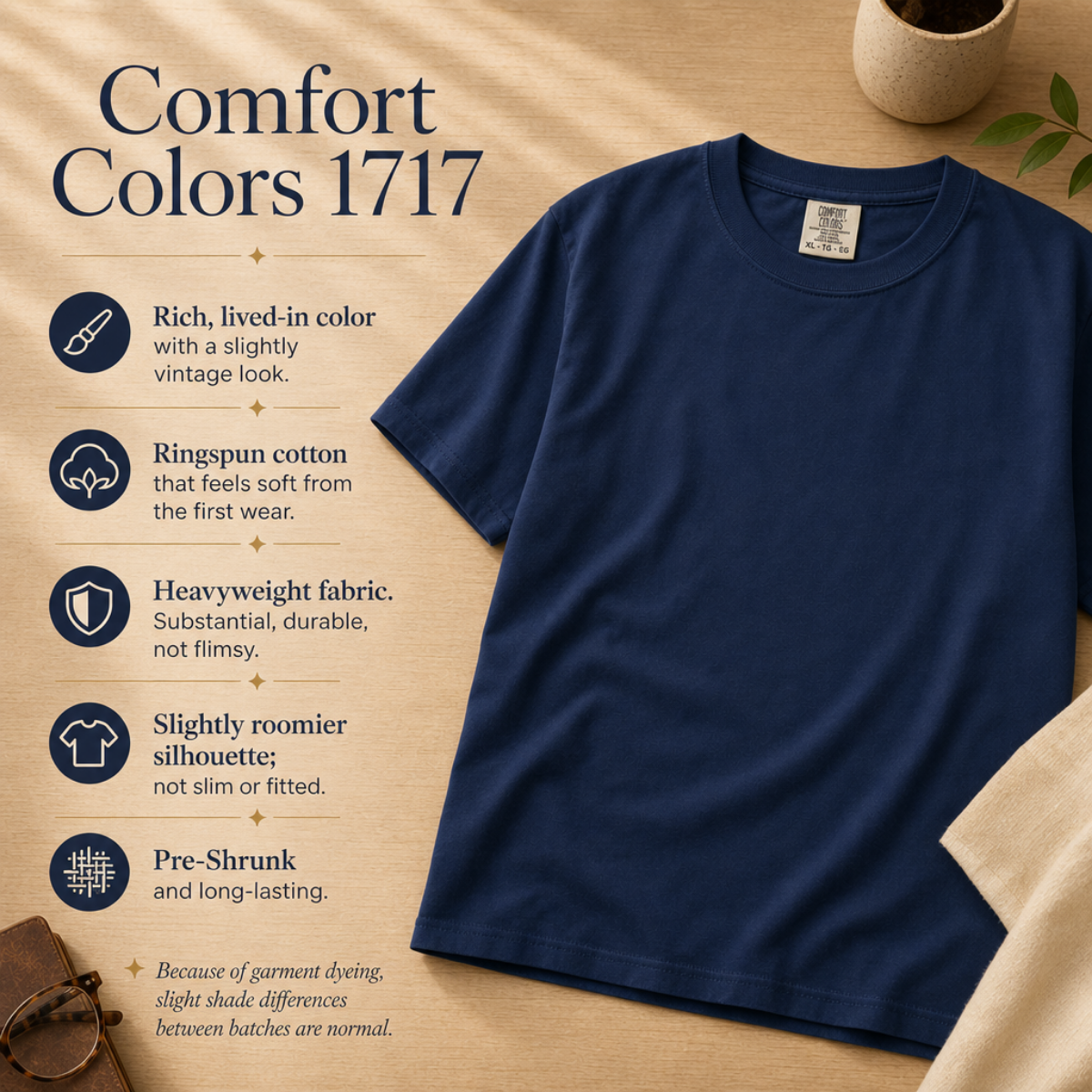 A navy blue short-sleeve t-shirt laid flat on a warm beige textured background with marketing text and icons describing fabric and color qualities. The shirt is shown without a visible person or real environment, so this is Product/Packaging rather than Lifestyle.