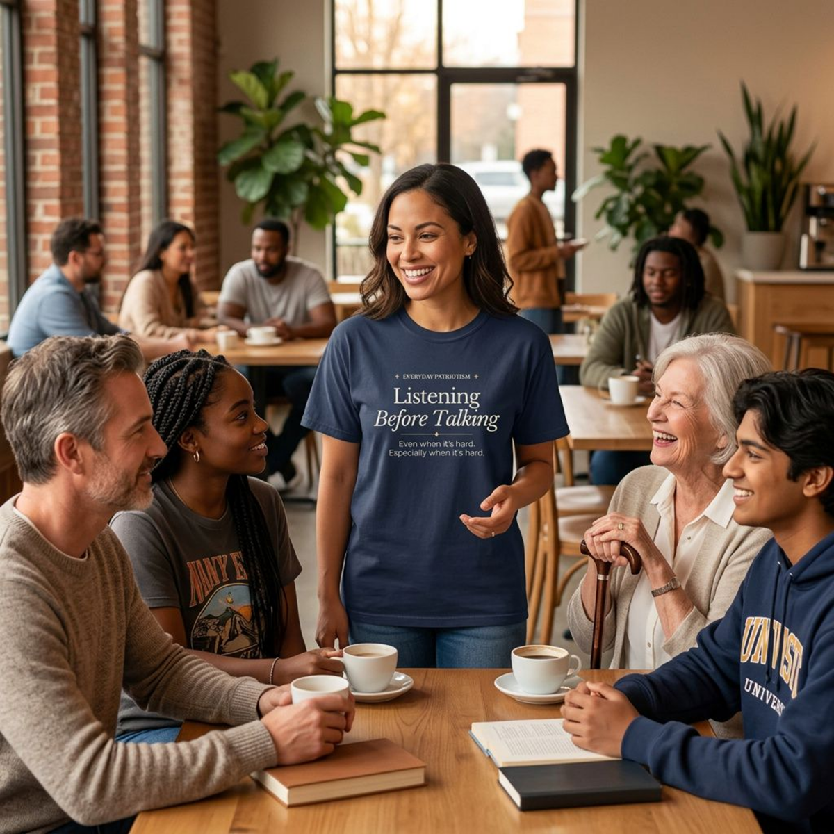 A woman in a navy blue t-shirt with the text 'Listening Before Talking' stands smiling at a table in a warm, bustling community cafe, surrounded by diverse people of all ages.